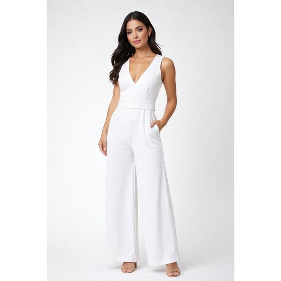 Leith Pants - White Minimalist Wide Leg Jumpsuit | Deep V Neck | Modern Bridal Chic